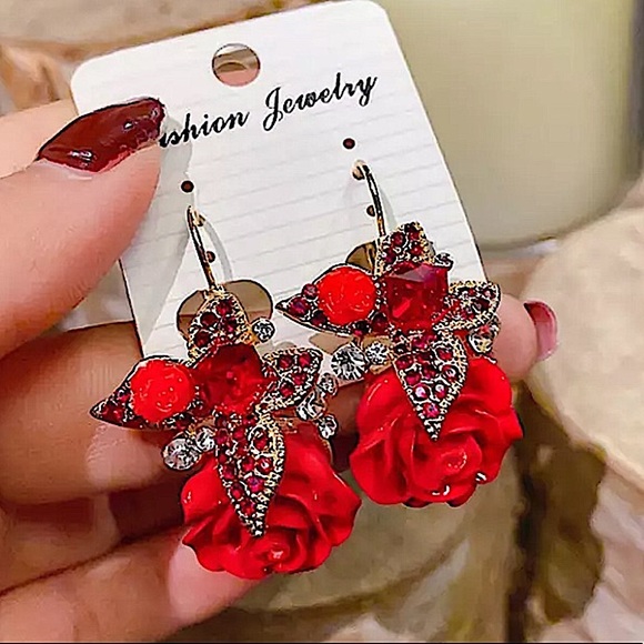 Rhinestone Rose Drop Flower Earrings - Picture 1 of 8